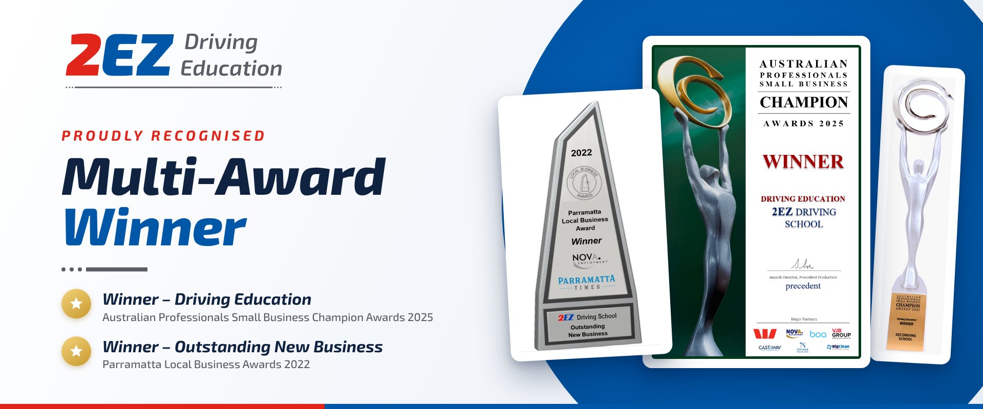 Multi-award winner: Winner, Driving Education, Australian Professionals Small Business Champion Awards 2025, and Winner, Outstanding New Business, Parramatta Local Business Awards 2022