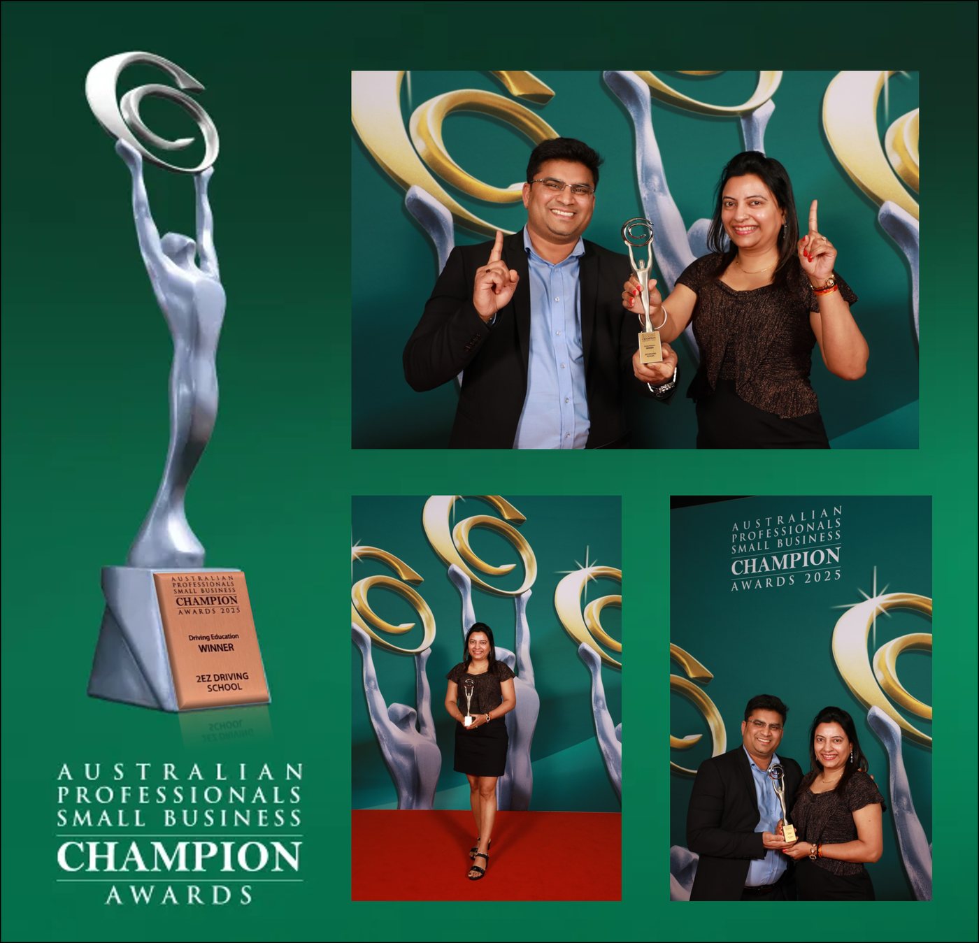 Celebrating with the 2025 Champion trophy at the awards photo wall