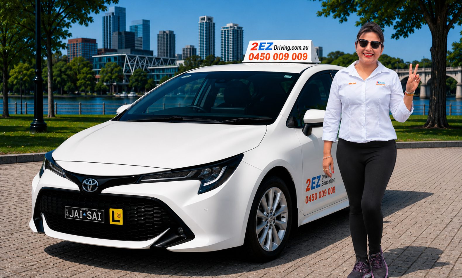 Bhumi, founder of 2EZ Driving Education, standing beside the 2EZ car