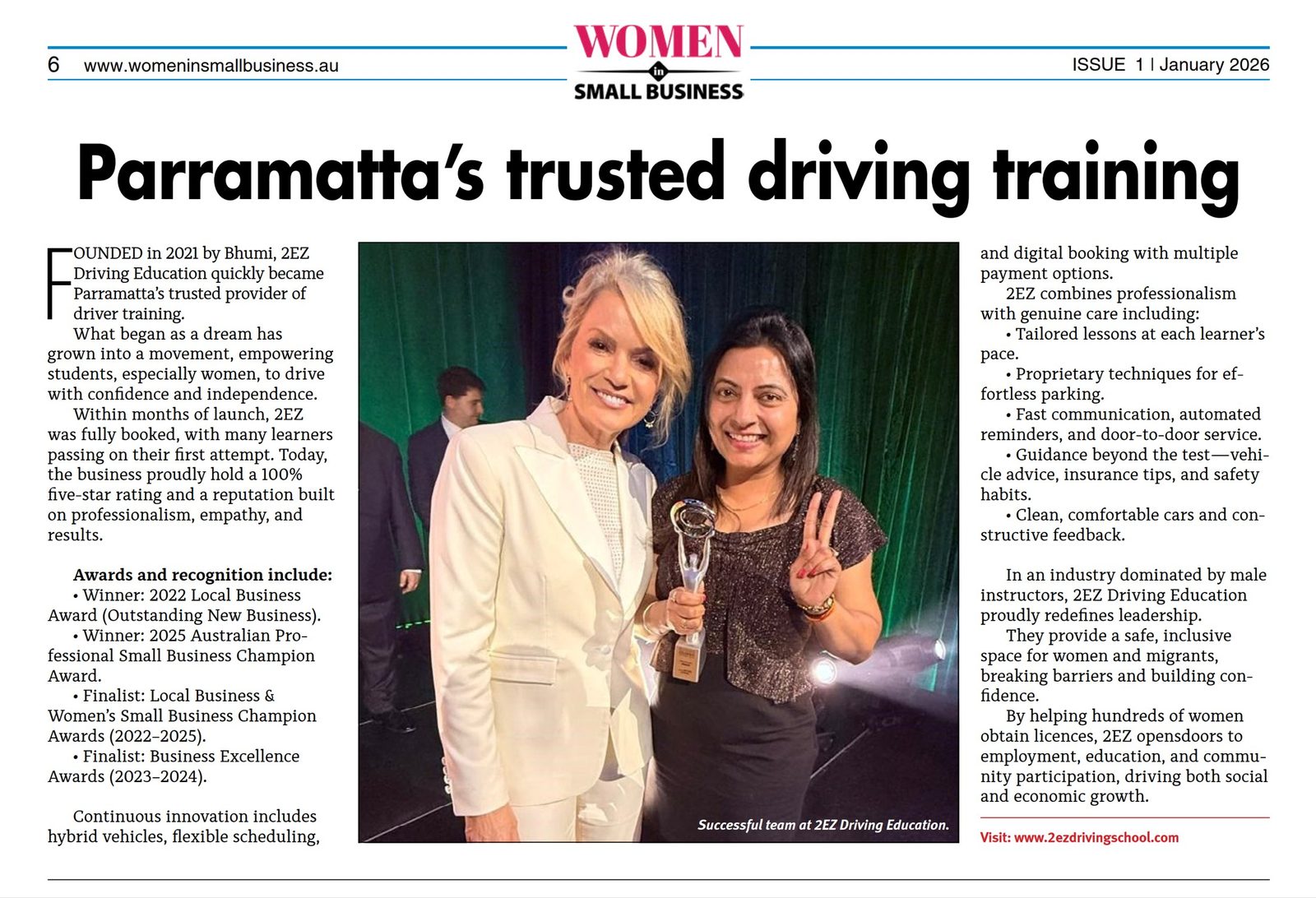 Women in Small Business magazine, Issue 1, January 2026, page 6: Parramatta's trusted driving training